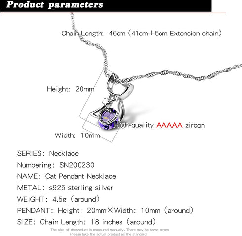 H&Beautimer Italian 925 Sterling Silver Necklace For Women's AAAAA CZ Purple Zircon Pendant Wave Chain 41+5CM Party Jewelry-Cute Cat...