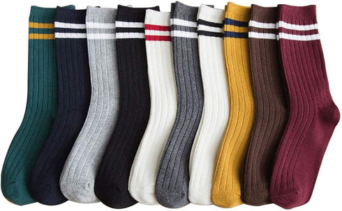 Striped Crew Socks 10 Pairs Retro Cute Long Tube Crew Socks for Women...