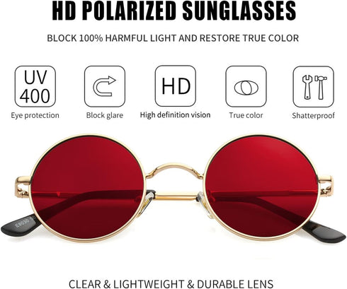 John Lennon Glasses Small Round Polarized Sunglasses for Women Men Hippie Retro Circle Red Sunglasses - 45MM...