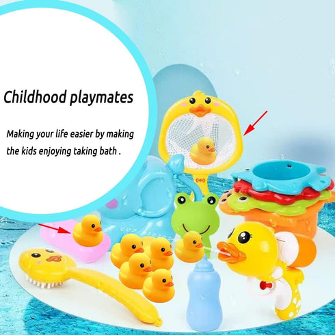 Bath Toy Baby Bathtub Duck Toy Set, 1 Pcs Ducky Animals Fishing Net with 6 Pcs Water Floating Sea Animals Duck Toys, Bathroom Floating Pool Fishin...