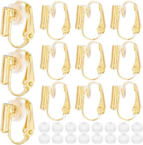 1 Box 24Pcs Real 18K Gold Plated Clip Earring Converter Clip Earrings Findings Brass Painless Non Pierced Earring Converter with Pads Earring Clip...
