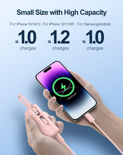 Mini Portable Charger Small Power Bank 5000mAh Battery Pack with Built-in USB C and LT Cables Ultra Compact Portable Charger for iPhone 15 14 13 1...