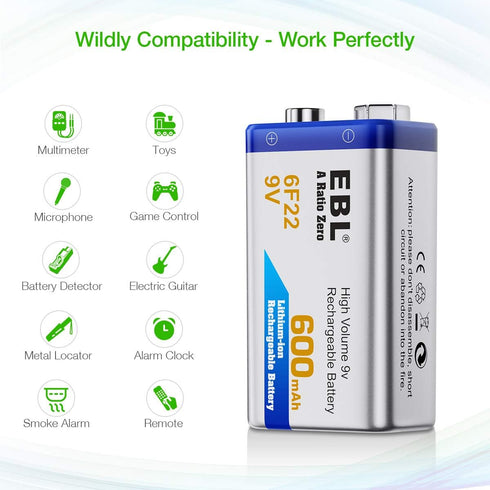 EBL 4-Pack 9V Batteries Li-ion 9 Volt Rechargeable Batteries with 9V Battery Charger...