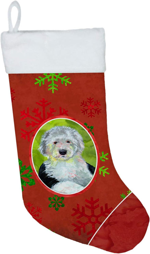 Caroline's Treasures LH9351-CS Old English Sheepdog Red Green Snowflakes Holiday Christmas Christmas Stocking Fireplace Hanging Stockings Christma...