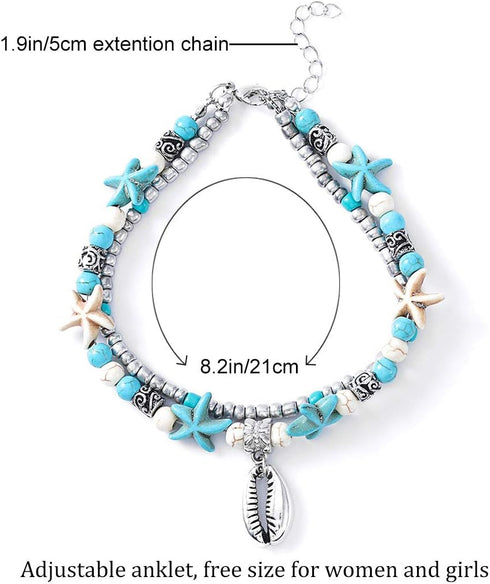 Yokawe Boho Layered Beaded Anklet Bracelets Silver Shell Turtle Anklet Chain Starfish Summer Beach Barefoot Sandals Foot Jewelry for Women and Tee...