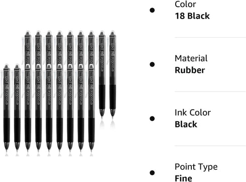 Vanstek 18 Black Retractable Erasable Gel Pens Clicker, Fine Point(0.7), Make Mistakes Disappear, Premium Comfort Grip, Black Ink for Planners, No...