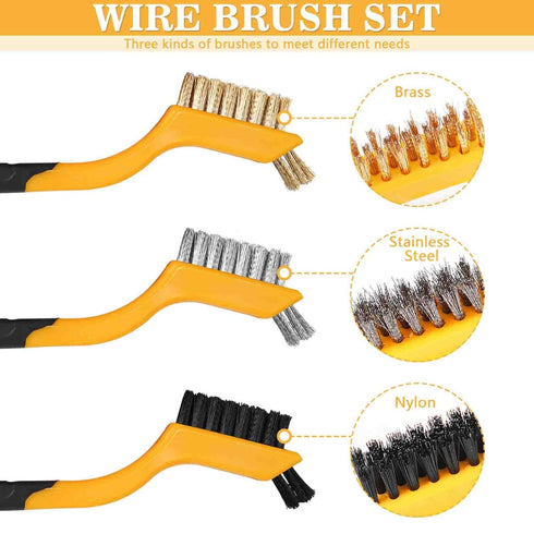 6 Pcs Wire Brush, Wire Brush Set, Brass/Nylon/ Steel Brush and Cleaning Spatula, Premium Metal Brush with Curved Handle Grip, Wire Brushes for Cle...
