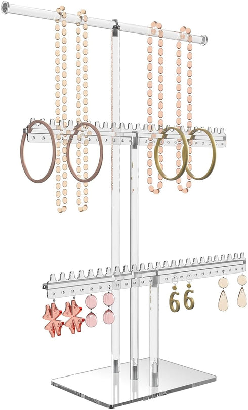 Premium Jewelry Stand, Earring Holder, Necklace Holder Stand, Clear 3-Tier Acrylic Large Storage Jewelry Organizer Stand & Bracelet/Bangles Stand,...