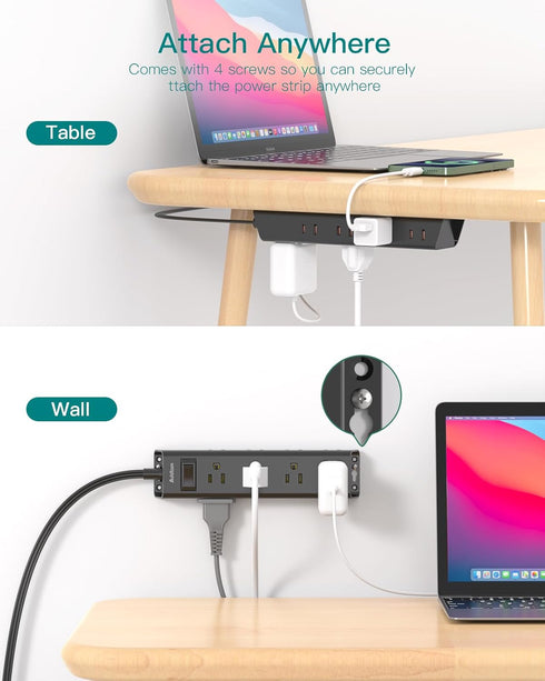 Extension Cord Flat Wall Plug - Surge Protector Power Strip with 12 Outlets, 5ft, Outlet Extender with Multiple Outlets, Wall Mount, Desk Charging...