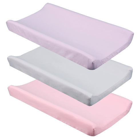Diaper Changing Pad Cover for Baby Girls Set of 3, Snug Fit 4-sided Contoured Changing Table Pad 16x31 16x32, Fitted Change Pad Sheet Gray Purple ...