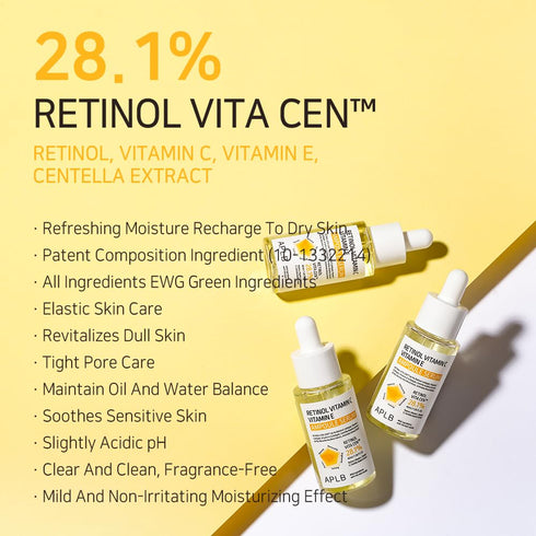 APLB Retinol Vitamin C Vitamin E Ampoule Serum | RETINOL VITA CEN™ 28.1% 1.35 FL.OZ/Korean Skincare, Long lasting moisturizing, Revitalize for gen...