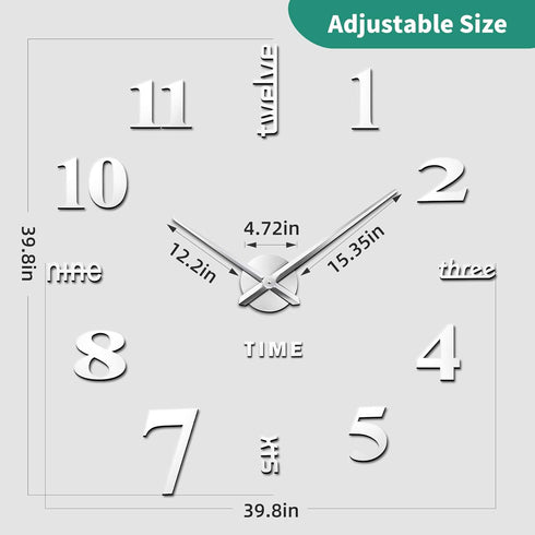 VREAONE Frameless DIY Wall Clock,Large Modern 3D Mirror Wall Clock Decor Sticker Clock kit for Home Living Room Bedroom Office Wall Decorations(Si...