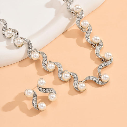 Pearl Bridal Necklace Earrings Set Sliver Rhinestone Necklaces Crystal Bride Choker Necklace Jewelry Set Pearl Accessories for Women...