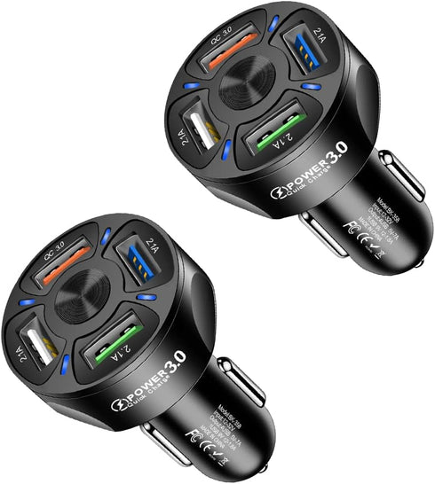 2Pack Car Charger Adapter, 4-Port USB QC 3.0 Fast Phone Charger Adapter, 32V Quick Charging LED Light Display, Universal Compatible with iPhone 13...