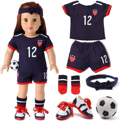 18-inch Girl Doll Clothes Accessories - Team USA 6 Piece Soccer Uniform Clothing Includes Headband,Shirt,Shorts, Socks,Shoes and Football Fits 18"...