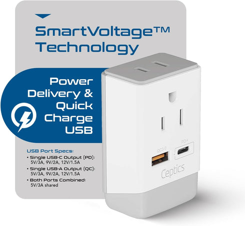 Ceptics UK Ireland Hong Kong Plug Adapter, International Power Plug with USB & USB-C - 2 USA Socket, QC 3.0 & PD - Type G Outlet Adapter for USA t...