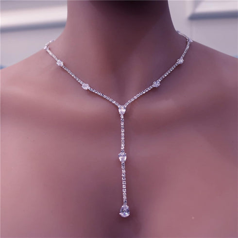 YERTTER Silver Sparkly Full Rhinestone Chain Choker Tassel Necklace Long Crystal Collar Necklace Luxury Diamond Statement Choker Necklace for Part...