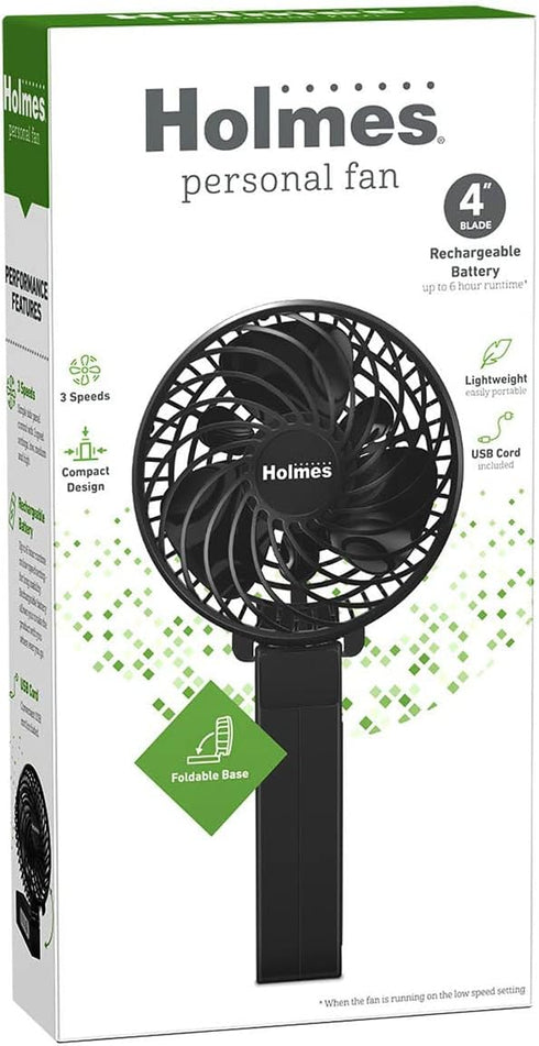 HOLMES 4" Portable, Handheld, Personal or Desk Fan, 3 Speeds, Rechargeable battery, USB-C Charging Cable, 180° Adjustable Head, Lightweight, Compa...