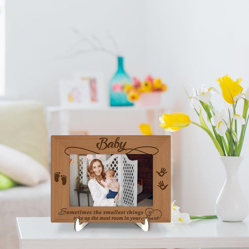 Wood Picture Frame with Wood Stand, Footprint Photo Frame Tabletop Display - Baby, Shelf Desk Decor Gift for Pregnant Mom New Dad Mother-to-be, Ho...