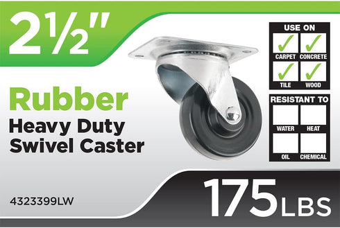 Titan 2 1/2" Heavy-Duty Solid Rubber Swivel Plate Caster Wheel, 175-lb. Capacity, Black...