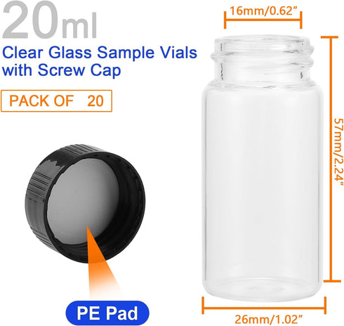20-Pack 20ml Glass Vials with Screw Caps - Small Vials for Essential Oil, and Specimen Samples - Clear Bottles with Lids...