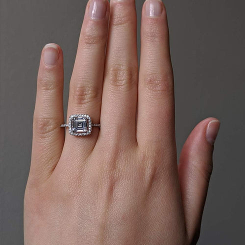 TwoBirch Halo Cushion Asscher Cut Prong Set Engagement Ring in 18k White Gold Plated Sterling Silver and CZ...