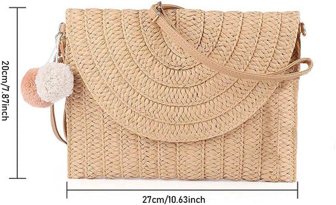 Handwoven Round Straw Shoulder Bag Crossbody Bag Girls Summer Beach Straw Bag Envelope Wallet for Womens...