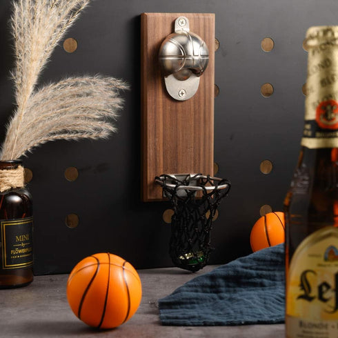 Magnetic Basketball Bottle Opener, Wooden Wall Mounted Opener with Cap Collector Catcher, Ideal Gift for Basketball and Beer Lovers, Use as Kitche...