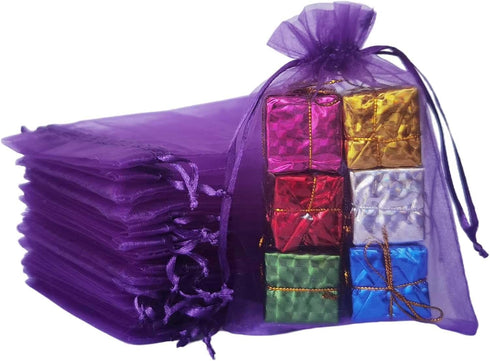 100pcs Organza Drawstring Gifts Bags for Jewelry Women,Coin, 5x7 Inches Sheer Fabric Mesh Purple Plain Pull String Sack for Baby Shower,Christmas,...