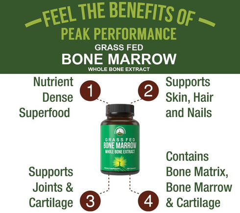 Peak Performance Grass Fed Bone Marrow - Whole Bone Extract Supplement 180 Capsules Superfood Pills Rich in Collagen, Vitamins, and Amino Acids. f...