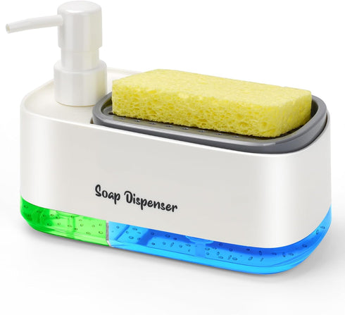 Hand and Dish Soap Dispenser Set for Kitchen, Dual Soap Dispenser with Sponge Holder, 3-in-1 Countertop Soap Pump Dispenser for Kitchen Sink, Usef...