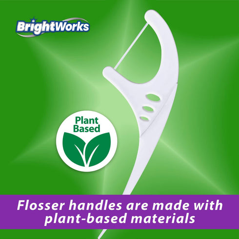 225 Piece BrightWorks Fresh Mint + Whitening Dental Flossers with plant-based handles, Super-Strong Floss and Mint-Flavored Floss with Micro-Cryst...