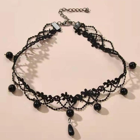 Boho Pearl Lace Necklace Black Lace Choker Necklaces Vintage Pearl Pendent Necklace Lace Flower Collar Neckalce Chain Jewelry for Women and Girls...