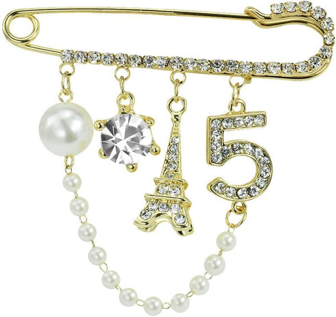 Vintage Crown Number 5 Lapel Pins and Brooches for Women Rhinestone Jewelry with Simulated Pearl...