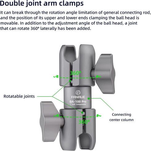 FANAUE Composite Double Socket Swivel Arm,DA-100PRO 3.7" Length, Aluminum Construction, Compatible with RAM Mounts B Size 1" Ball Components...