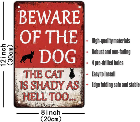 Beware Of Dog Sign Beware Of The Dog The Cat Is Shady Too Tin Sign Funny Dog Warning Metal Signs Dog Signs For Yard Fence Guard Dog Sign Outdoor D...