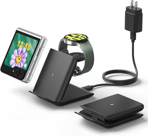 Wireless Charger for Samsung Galaxy Z Flip, 2 in 1 Foldable Travel Fast Wireless Charging Stand for Galaxy Z Flip 6/5/4/3, Galaxy S24 Ultra/S23/S2...