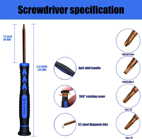 Kaisi Screwdriver Set for Macbook with T5 T6 T8 Torx Screwdriver,P5 Pentalobe,Ph000 Phillips and 2.0Y Triwing Screwdriver Set with spudger,Tweezer...