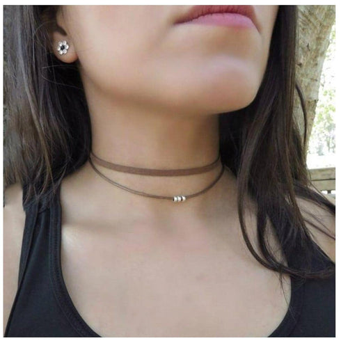 Boho Layered Suede Necklace Brown Velvet Choker Necklace Gothic Leather Necklace Silver Beaded Chain Necklace Retro Necklace Jewelry for Women and...
