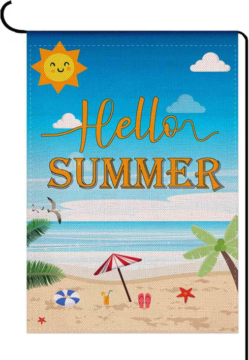 Hello Summer Garden Flag Hello Sunshine Beach Decorations Garden House Flag Holiday Party Burlap Outdoor Decor 12.5x18 Inch...