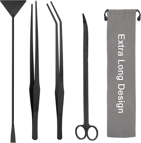 Aquarium Aquascape Tools Kit 15in, 4 in 1 Anti-Rust Aquatic Plant Aquascaping Tool Stainless Steel Silver Tweezers Scissor Spatula for Aquarium Ta...