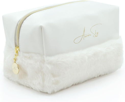 Fluffy Bottom Makeup Bag Organizer – Portable Toiletry Travel Case – Cute Cosmetic Bag for Woman & Girls – Waterproof Soft Vegan Leather Pouch – M...