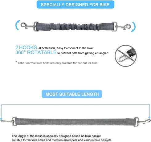 Dog Seat Belt for Bike Basket, Retractable Bicycle Dog Seatbelt, Elastic Pet Safety Leash Harness for Cat, Dog Leash Extension Attachment Shock Ab...