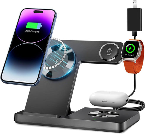 Magnetic 3 in 1 Charging Station for Multiple Devices,Mag-Safe Wireless Charger for iWatch & Airpods Pro 3 2, Foldable Charging Stand Dock for iPh...