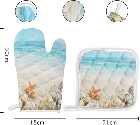 Sandy Beach Set of Oven Mitt and Pot Holde Starfish Seashell Theme Oven Gloves Heat Resistance Non-Slip Surface for Kitchen BBQ Cooking Baking Gri...
