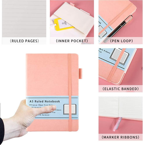 A5 Notebook Ruled, Hard Cover Ruled Journal with Premium 100 GSM Thick Paper, Inner Pocket, Pen Loop, Elastic Banded, Faux Leather Cover, 192 Page...