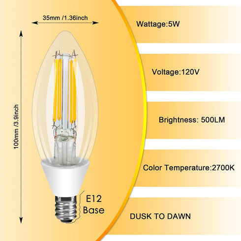 Ganiude E12 Dusk to Dawn Light Bulbs Outdoor, C35 B11 5W 60W Equivalent 500LM 2700K Warm White Photocell Sensor Filament Candelabra Bulbs, Auto ON...