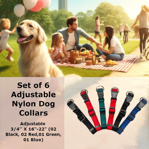 Set of 6 Adjustable Nylon Dog Collars - 3/4'' X 16"-22" (02 Black, 02 Red,01 Green, 01 Blue)...
