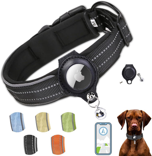 Reflective AirTag Dog Collar, Heavy Duty Padded Puppy Collar with AirTag Holder, Adjustable Air Tag Pet Collar for Small Medium Large Dogs, Black,...