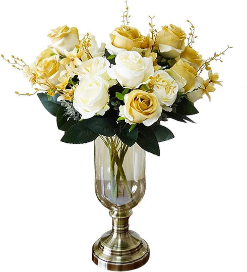 Artificial Flowers, Budding Fake Flowers 9 Heads Silk Roses Bridal Home Garden Office Dining Table Wedding Decor (White+Gold)...